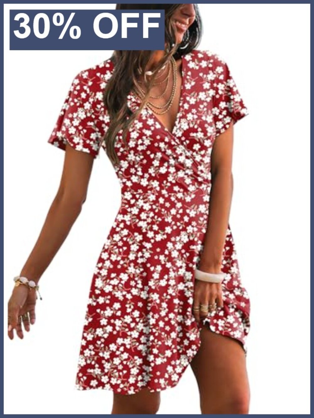 Women Casual Wrap V Neck A-Line Summer Sundress Ruffle Short Sleeve 95%